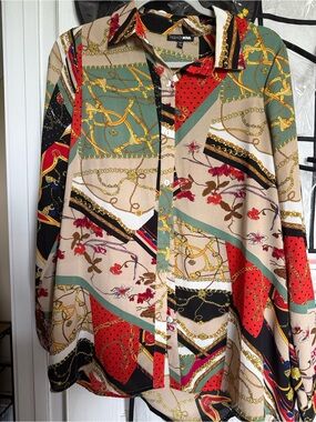 Fashion Nova Multicolor Scarf-Print Button-Up Blouse - Red, Green, Black, Beige